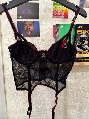 Michelle Lingerie Black Lace Bustier Corset Red Trim Embroidered Rose